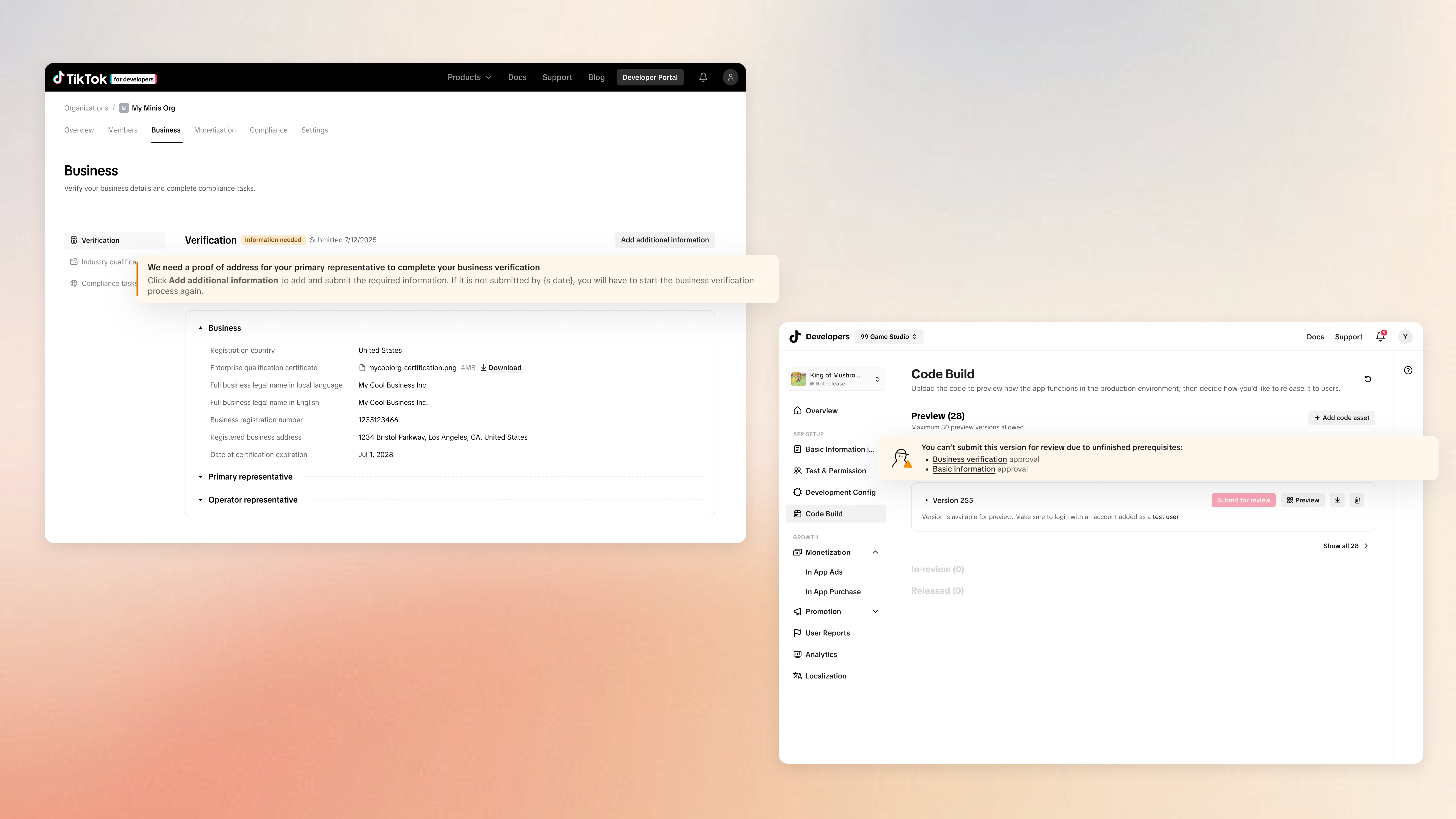In-task guidance — a business verification page and a code build page, each showing an inline prerequisite prompt