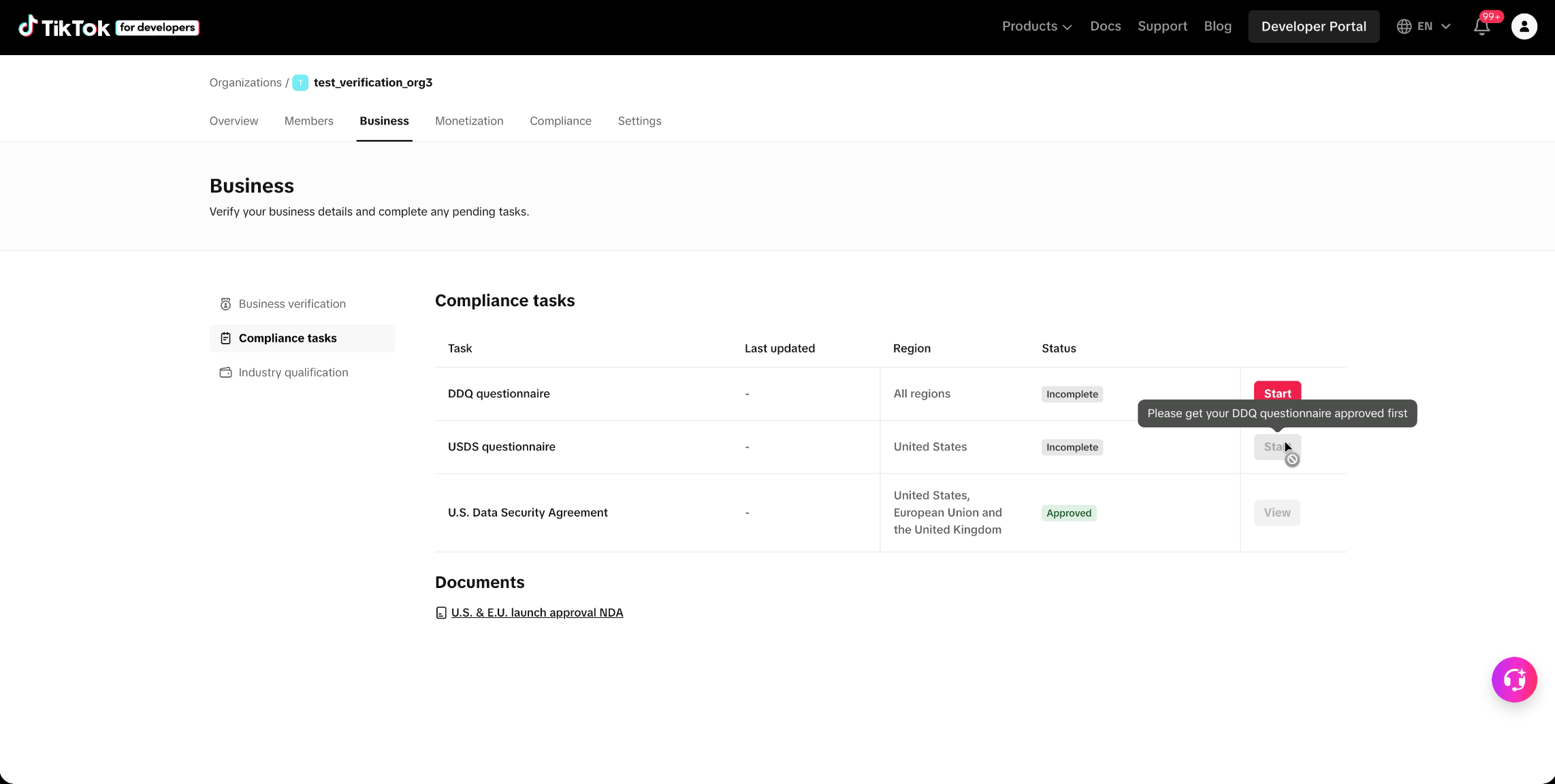 A compliance tasks page generated straight from the requirements doc — task table with region, status and gated actions